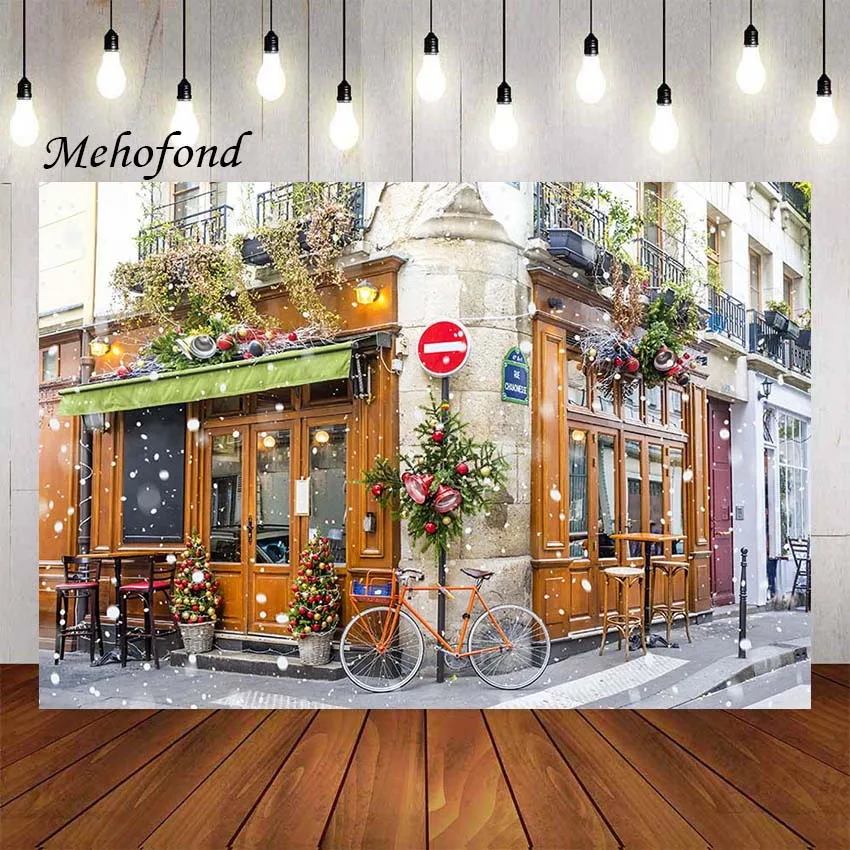 Mehofond зимний Снежный уличный пейзаж фон для фотосъемки Рождество Кофейня