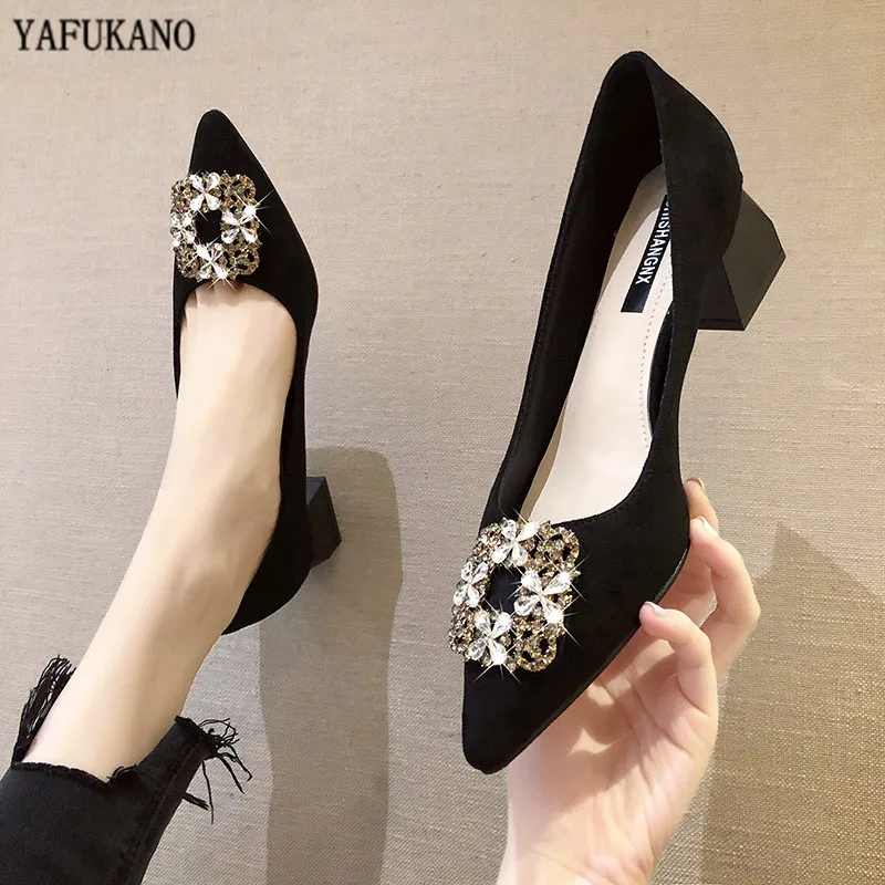 Elegant Rhinestone Decoration Women Pumps 2020 New Chunky Heel High Heels Fashion Suede MidHeel Shallow Mouth Work Single Shoes Elegant Rhinestone Decoration Women Pumps 2020 New Chunky Heel High Heels Fashion Suede MidHeel Shallow Mouth Work Single Shoes