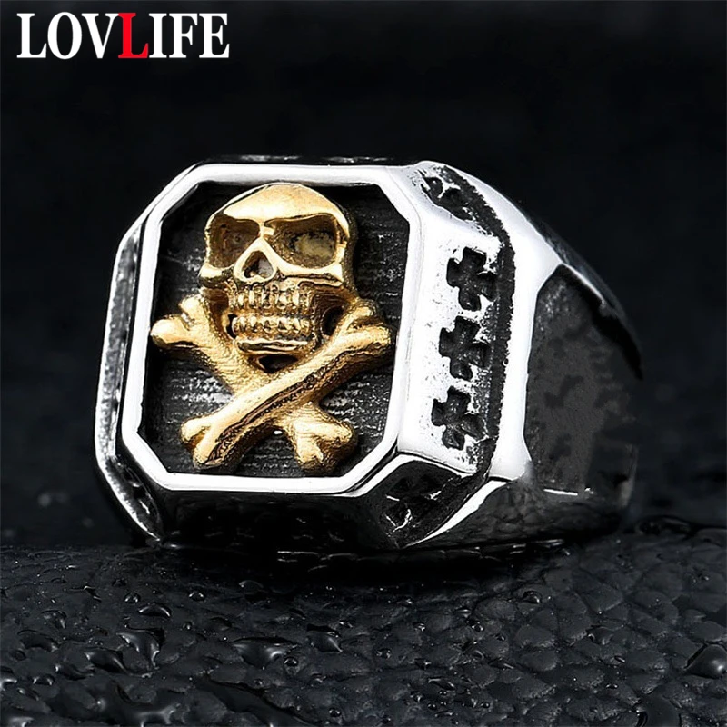 

Punk Design Gold Skull Head Ring with Black Cross Street Boy Vintage Men Party Hand Ring Jewelry Accessories Gifts
