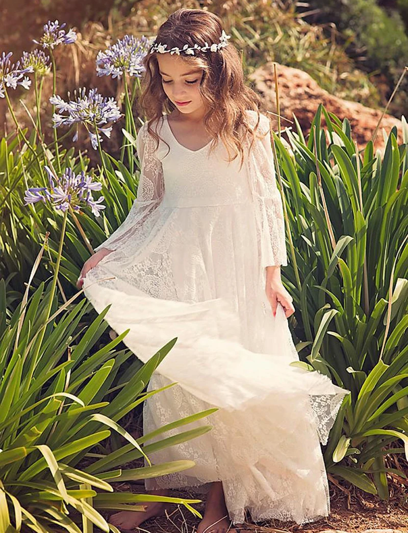 Cheap Kids Formal Wears Girls Birthday Dresses Long Sleeves Empire Boho Summer Beach Flower Girl Dresses For Garden Weddings