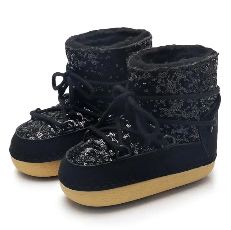 De niños de cuero genuino botas de nieve de invierno de 2019 niñas de lentejuelas zapatos de algodón chico Barco de bebé de terciopelo de algodón cálido botas - 3