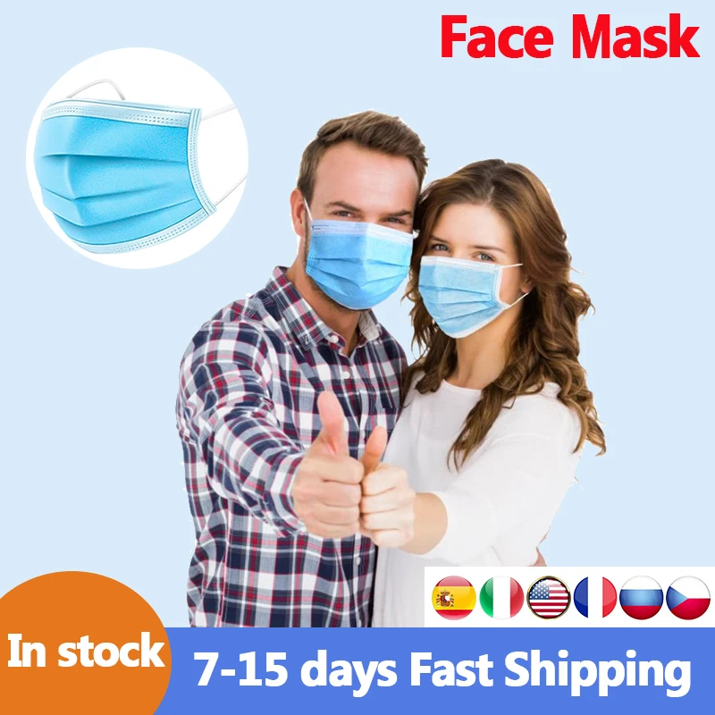 

100PCS Earloop Mask Disposable Face Mouth Protect 3 Layers Filter Dustproof Non Woven Disposable PM2.5 Mask Unisex