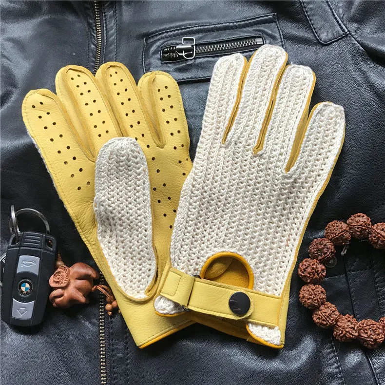 Man's Deerskin Gloves Locomotive Driving Retro Knitted+ Leather thin Slim Hand Genuine Leather Gloves For Female Male AM032A