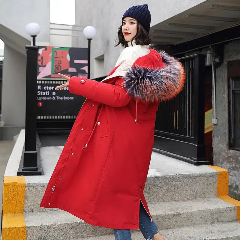 Lusumily Новая мода длинная съемная подкладка из овечьей шерсти Парка хлопковая куртка пальто теплые женские зимние куртки Большие меховые пальто - Цвет: Red