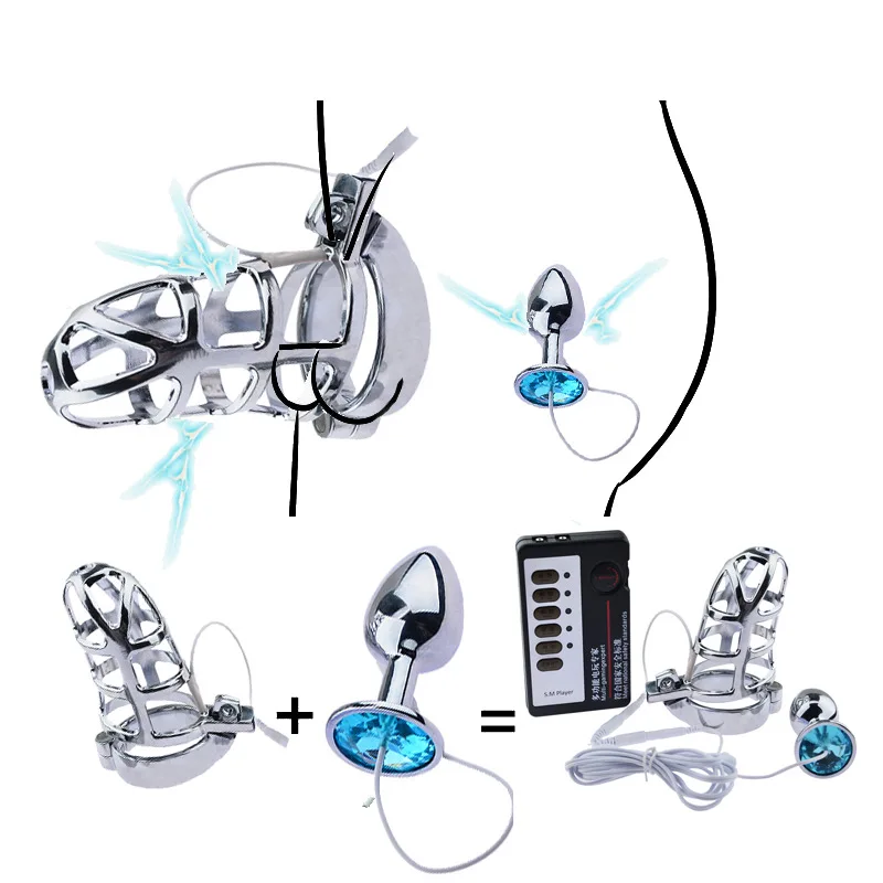 Sex Shop Electric Shock Set Metal Male Chastity Cock Cage Anal Plug Penis Ring Bdsm Men Device Prostate Massage | Красота и здоровье