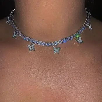 

Trendy Star 5 Small Butterfly Necklace Choker Chain Bulk Clear and Pink Cuban Bling Iced Out Butterfly Tennis Chokers