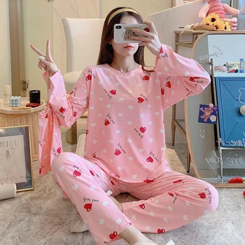 

New Style Spring and Autumn Pajamas Women Long Sleeve Trousers with a Storage Bag Cloth Bag Pink Love Pajamas Homewear Set Whole