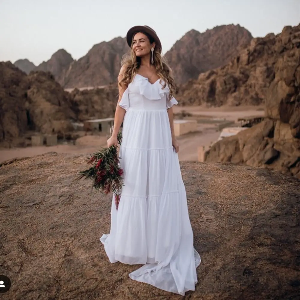 

2020 Wedding Dresses Boho bohemian A-line Chiffon Sleeveless Spaghetti Strap A-line robe mariage courte vintage for bride Cheap
