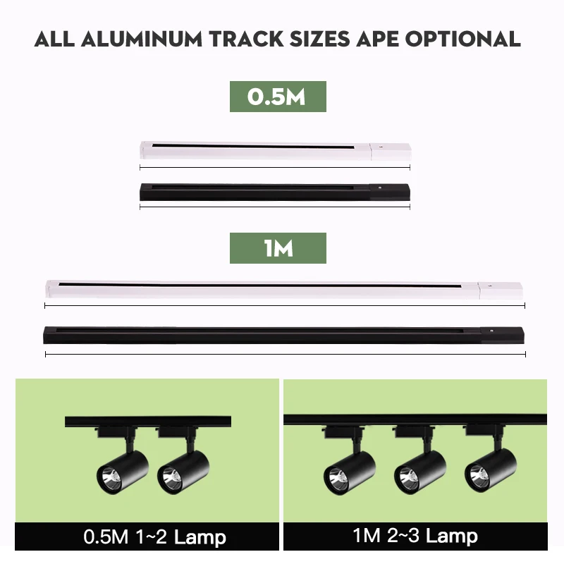 Black White Led Track Light Rail 0.5M 1M One Phase Two Wire System T Connectors Universal Aluminum Track for Spotlights 2