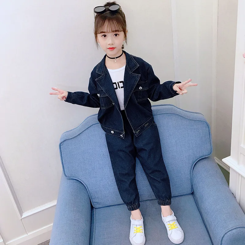 

Kids Denim 2Pcs Outfit Spring Autumn Girls Clothes Set Children Lapel Jacket Pants 2pcs Suits Clothing Little Girls Tracksuits