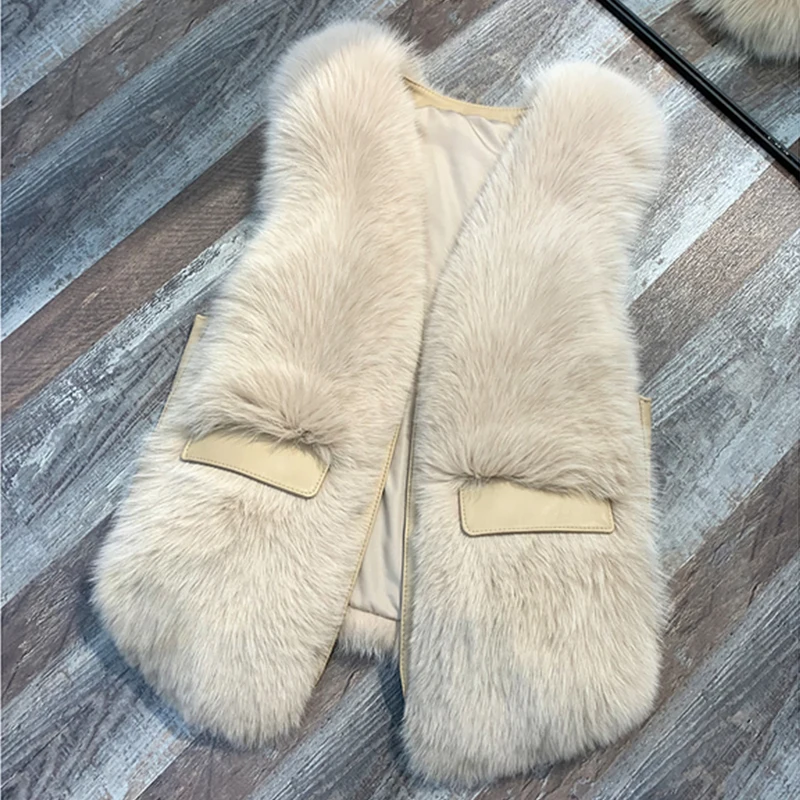 ZDFURS* натуральный жилет из натурального Лисьего меха зимнее модное меховое пальто женская куртка из натурального Лисьего меха длинное меховое пальто - Цвет: Бежевый
