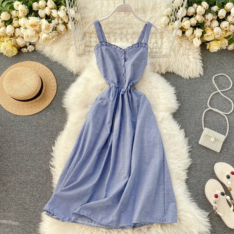 

vintage button plaid print Slim sexy midi long Dress summer spaghetti strap dress Party Women elegant beach a-line tunic dress