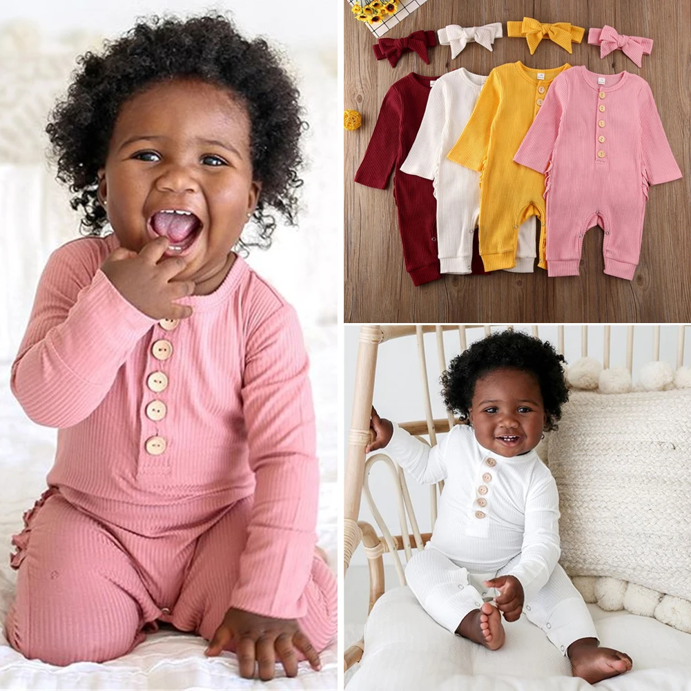 Emmababy Одежда для маленьких девочек и мальчиков длинный рукав; пуговицы Лоскутное ползунки с оборками головная повязка вязаное изделие в одинаковом стиле, осень
