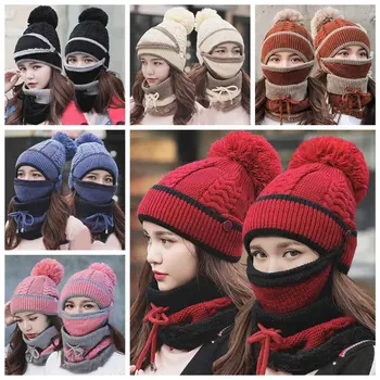 

3Pcs Winter Thicken Warm Knitted Pompom Beanie Hat Cap Mask Neck Scarf Set Xmas Gifts Winter Hats Set For Women
