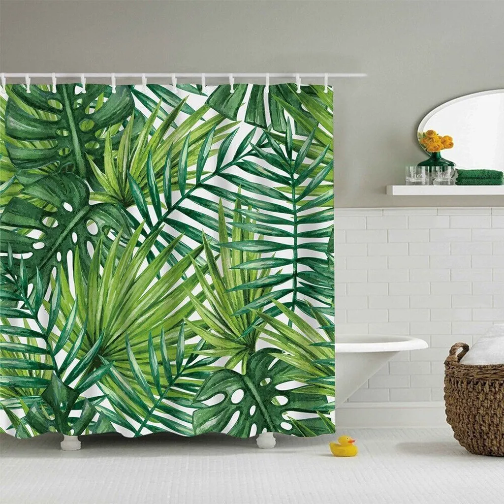 

1pc 180 x 180cm Polyester Bathroom Curtains Green Leaves Printing Shower Curtain Modern Natural Plant Pattern