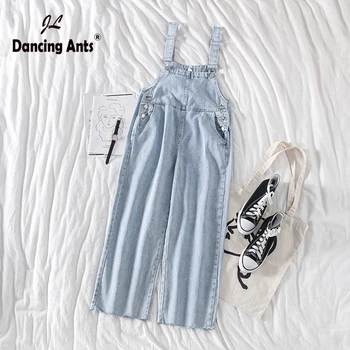 

Woman Jeans Overalls High Wasit Loose Casual Straight Denim Jumpsuits Light Blue Side Button Female Ankle-length Jeans Romper