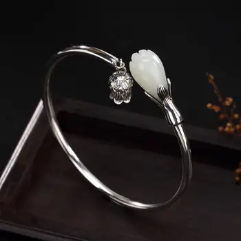 

new inlaid natural Hetian white Chalcedony bracelet Chinese style retro unique elegant lady adjustable brand jewelry