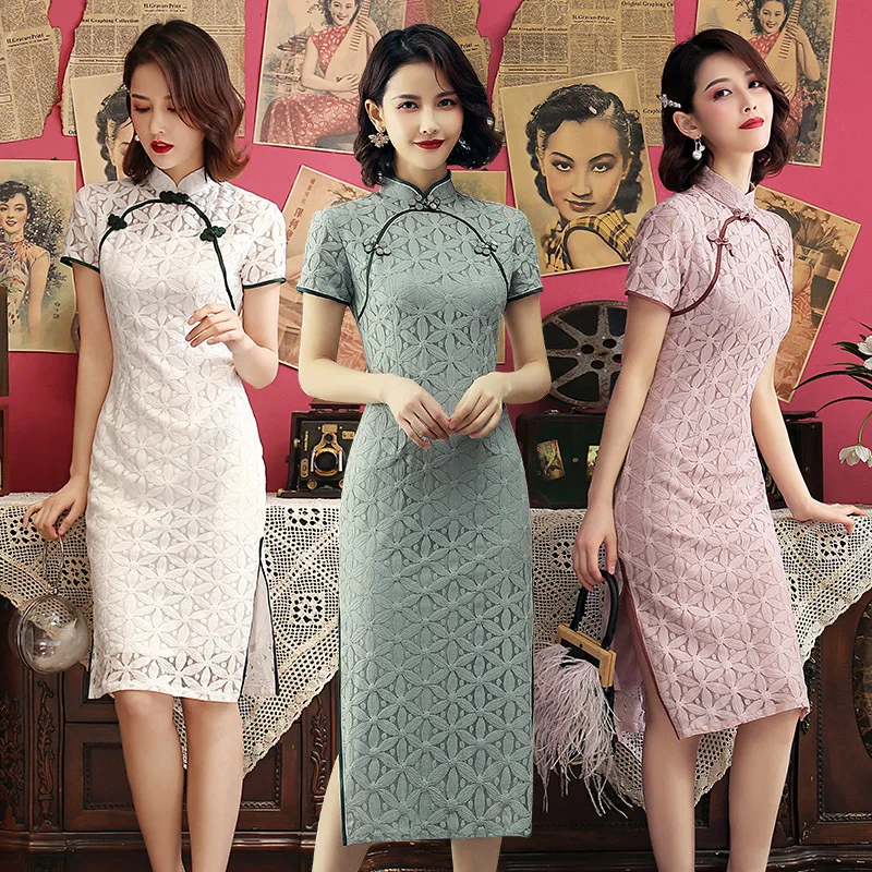 Зеленый короткий рукав Qipao женский китайский стиль китайский женский халат со стоячим воротником, с цветочным принтом винтажное кружевное платье с цветочным принтом сексуальное короткое Vestidos S-4XL
