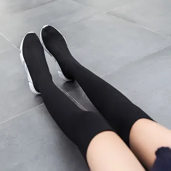 

MWY Spring Tide Shoes Increased Elastic Stockings Shoes Women Thick Bottom Autumn Single Shoes Over Pure Black Knee High Boots