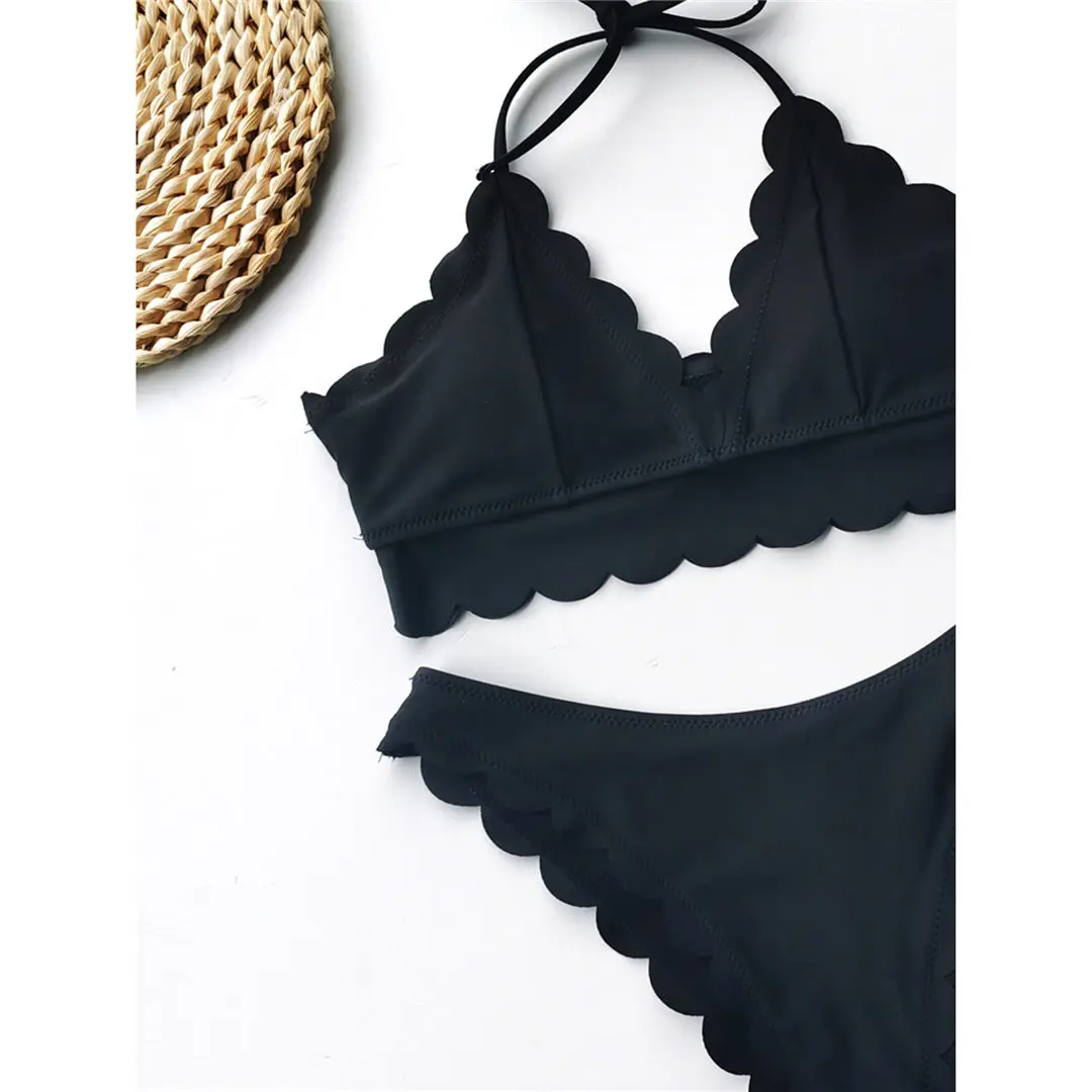 2020 Scalloped Mid Waist Bikini Female Swimsuit Women Swimwear Two-pieces Bikini set Halter Bather Bathing Suit Swim Lady V2446