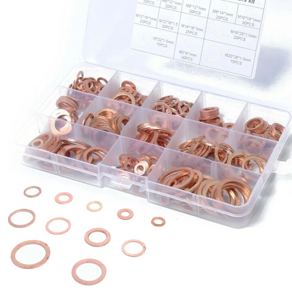 

Solid Copper Crush Washers Seal Sealing Flat O-Ring Gaskets Assortment Kit Box Good electrical and thermal conductivity