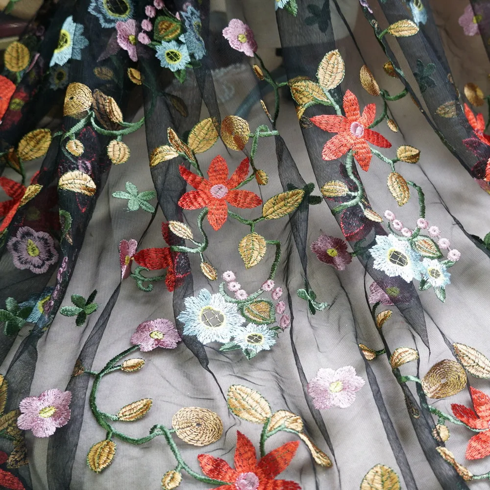 Unique Black Tulle / Net Lace Colorful Floral Embroidery Fabric French Bridal Wedding Dress fabric DIY sewing | Дом и сад