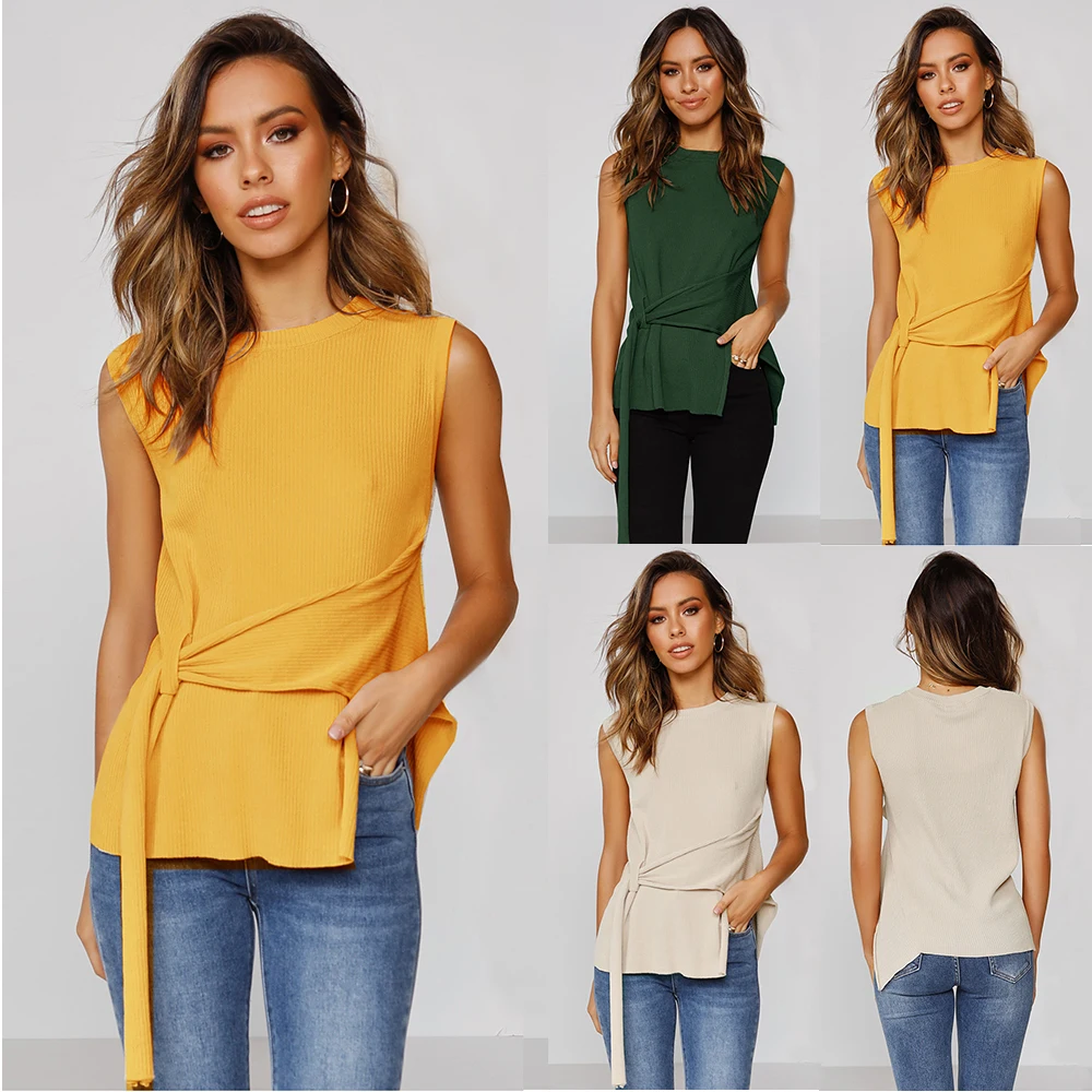 RuiLee Women Knitted waistband Irregular cut Cute Crop Tees Buttoned Up O-Neck Solid Sleeveless Casual Summer T-shirts