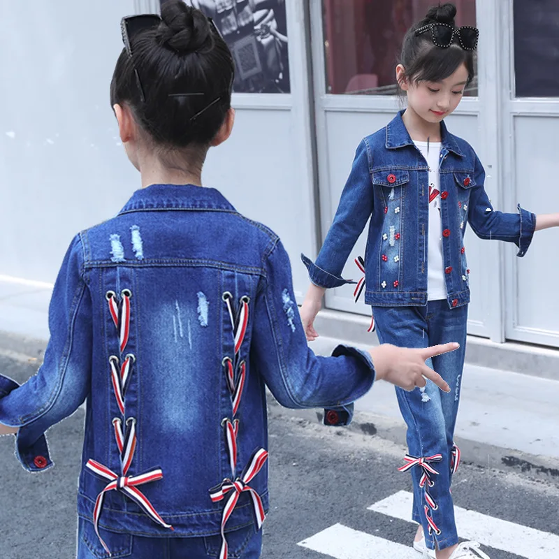 Korean Fashion Design Bandage Design Jean Jacket And Pants Set Kids Cowboy Outfit Child Ribbon Denim Clothing Set For girls