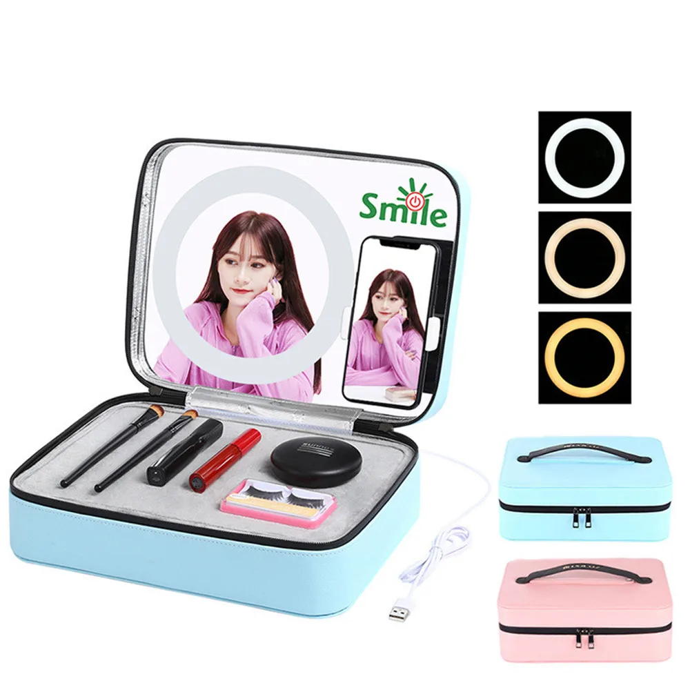 

New Live Broadcast LED Ring Light Makeup Mirror Cosmetic Storage Box with Phone Clamp USB Rechargeable Makeup Organizer Case