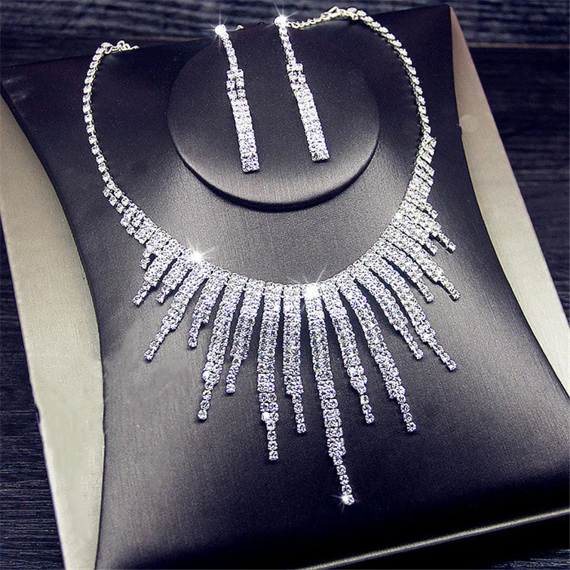 

FYUAN Shine Geometric Rhinestone Necklace Earrings For Women Long Tassel Jewelry Sets Weddings Banquet Gifts