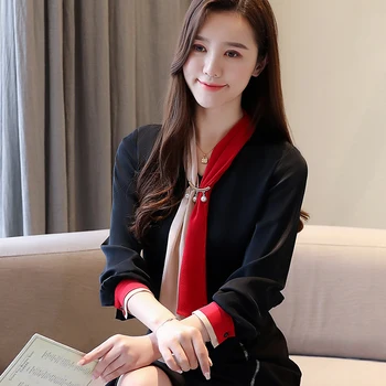 

ZCWXM Solid Long Sleeve Women Tops and Blouse Casual V-neck Office Lady Blouse Vintage Chiffon Blouse 2020 Spring Clothes New