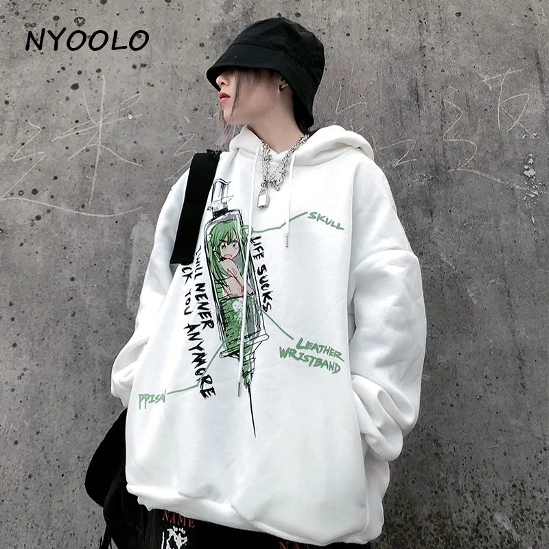 NYOOLO Harajuku уличная аниме needle girl с буквенным принтом толстовки осень зима с капюшоном пуловеры утолщенная теплая Толстовка для женщин и мужчин