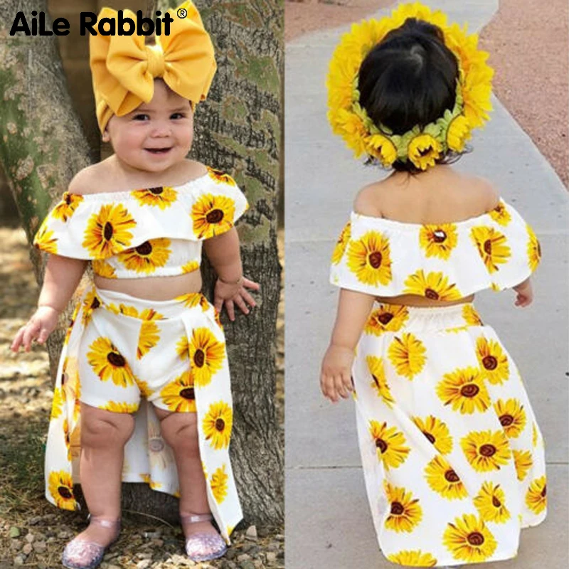

Fashion Toddler Newborn Kids Baby Girl Sunflower Off Shoulder Crop Tops Shorts Dress Headband Outfits Cute Clothes