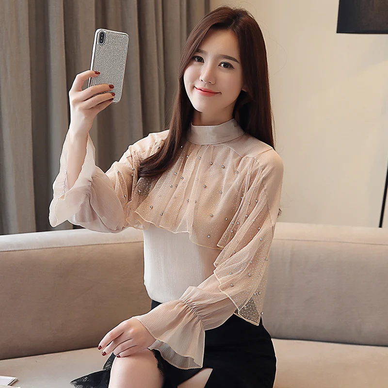 

Chiffon Blouse Shirts Long Sleeve Ruffles Women Tops Regular Neck 2019 New Chiffon Blouse Beading Women Shirt Flare Sleeve 851J3