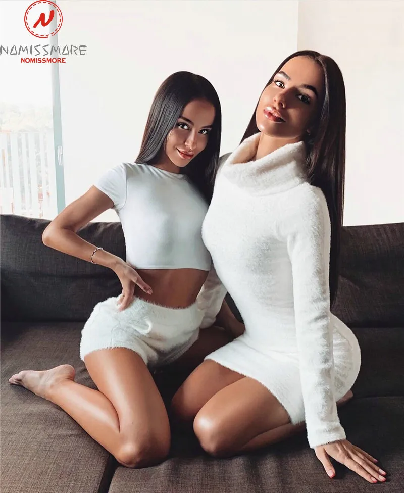Модное женское уличное платье с высоким воротником и длинным рукавом, однотонный топ, элегантное женское платье на осень и зиму, облегающее плюшевое платье
