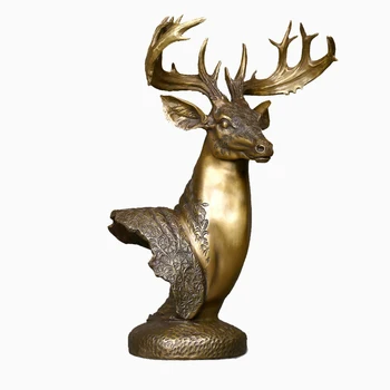 

European Creative Copper Animal Statue Retro Deer Head Arts Sculpture Pure Cupper Crafts Home Decoration Gift R3050