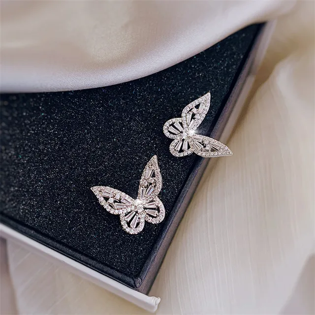 CC Butterfly Stud Earrings For Women 925 Silver Needle Cubic
