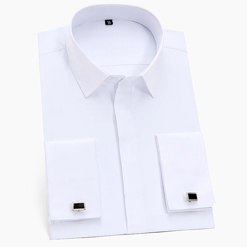 Dress Shirt Cufflink Hidden-Buttons Long-Sleeve Business Formal French Mens Classic