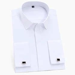 Men's Classic Hidden Buttons French Cuffs Solid Dress Shirt Formal Business Standard-fit Long Sleeve Shirts (Cufflink Included)