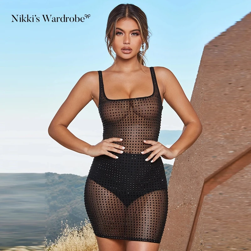 

Sequin Mesh Transparent Party Dresses Sleeveless Bordered Skinny Women Mini Dress Strap Sexy Female Club Dress Vestitini