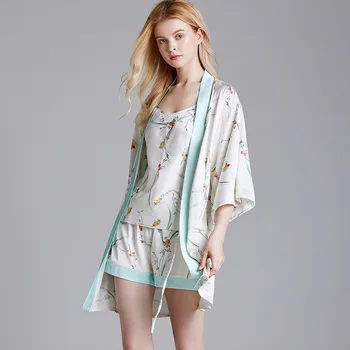

New pajamas women's summer silk sexy sling robe home clothes women's three-piece suit can be worn outside 1719