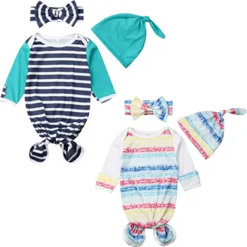 

3Pcs Soft Rompers Infant Swaddle Muslin Blanket Newborn Baby Wrap Swaddling Blanket Striped Baby Rompers Jumpsuit Headband Hat