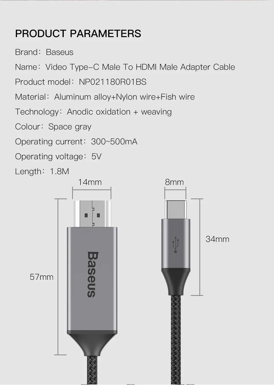 Baseus USB C к HDMI кабель type-C к HDMI адаптер Thunderbolt 3 для Macbook iPad Pro huawei P30 P20 Pro 4K видео USBC USB-C