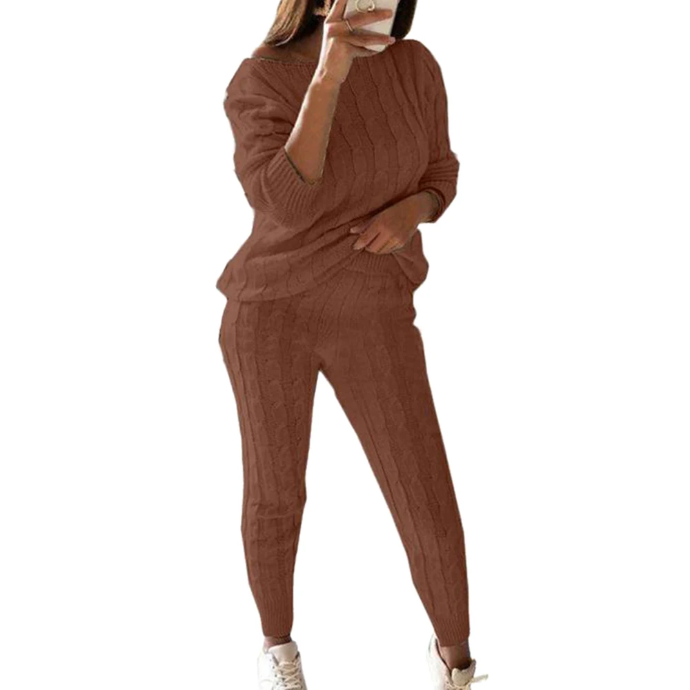 khaki 2 SHUJIN, осенний хлопковый женский спортивный костюм, комплект из 2 предметов, свитер, топ+ штаны, вязаный костюм, вязаный комплект с круглым вырезом, женская верхняя одежда, комплект из 2 предметов - Цвет: khaki 2
