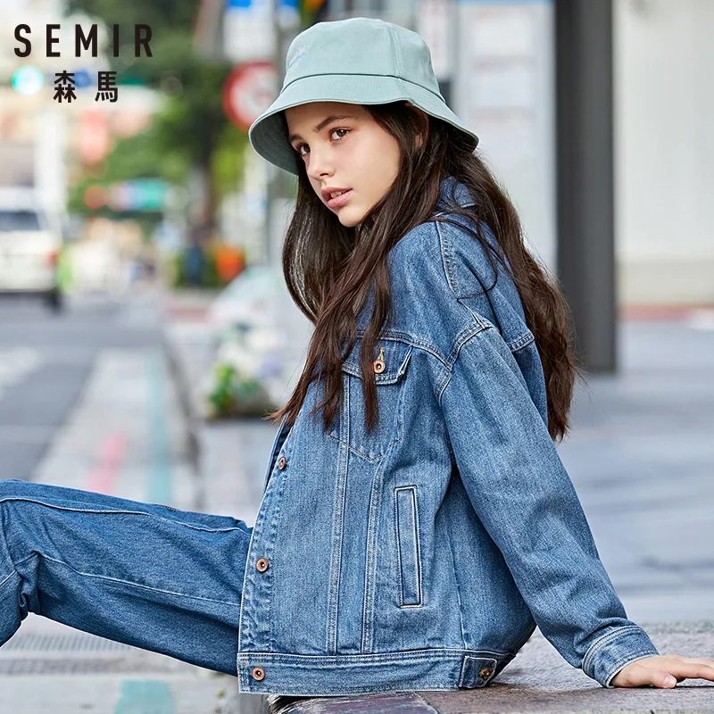 SEMIR джинсовая куртка Женская Осенняя мода с отворотом свободная негабаритная трендовая куртка Гонконг шикарная хлопковая