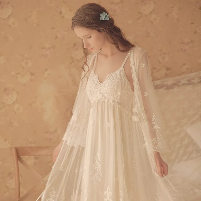 

Sexy Night Dress Two-Pieces Sleeping Skirt With Chest Pad Strap Sweet Lovely Fairy Court Princess Lace White Nightgown Women