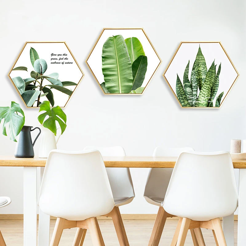 

Framed Living Room Decoration Canvas Painting Hexagongal Background Wall Painting Bedroom Green Flowers Hexagon Hanging Poster