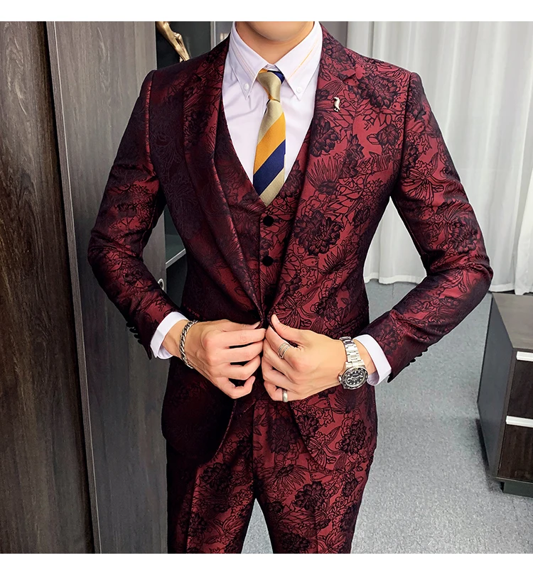 Цветочный жаккардовый костюм для мужчин Slim Fit коричневый бордовый темно-синий костюм для жениха из трех частей DJ партии выпускного вечера сценический костюм Q882