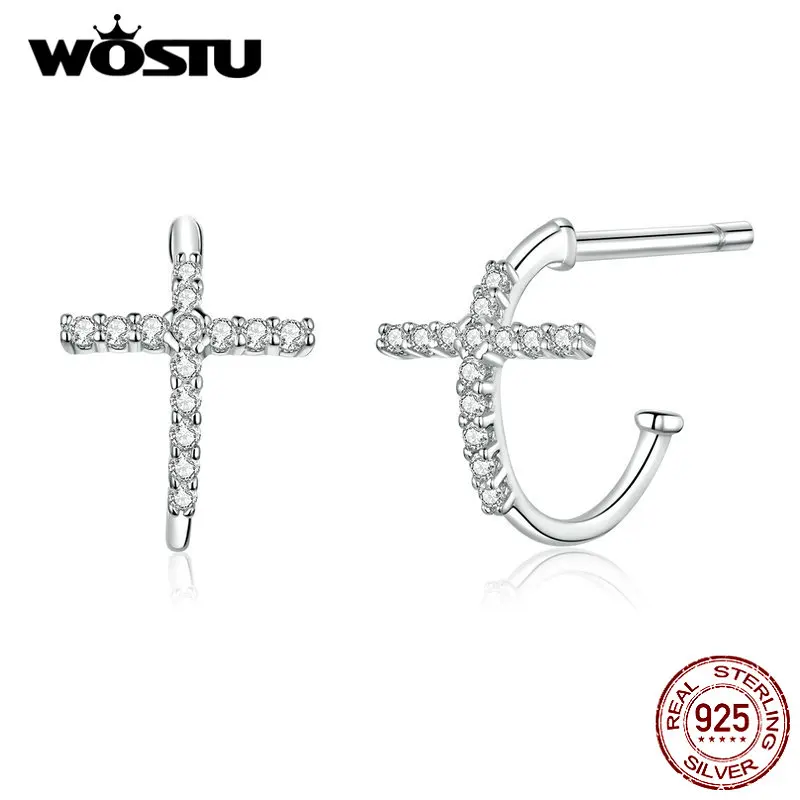 WOSTU, серьги-гвоздики с крестом из циркония, натуральная 925 пробы, серебро, для женщин, модные, для свадьбы, помолвки, маленькие серьги, ювелирное изделие, FIE755