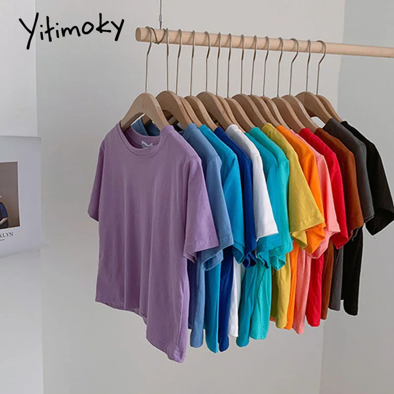 Футболка Yitimoky Женская однотонная с коротким рукавом модный топ из хлопка